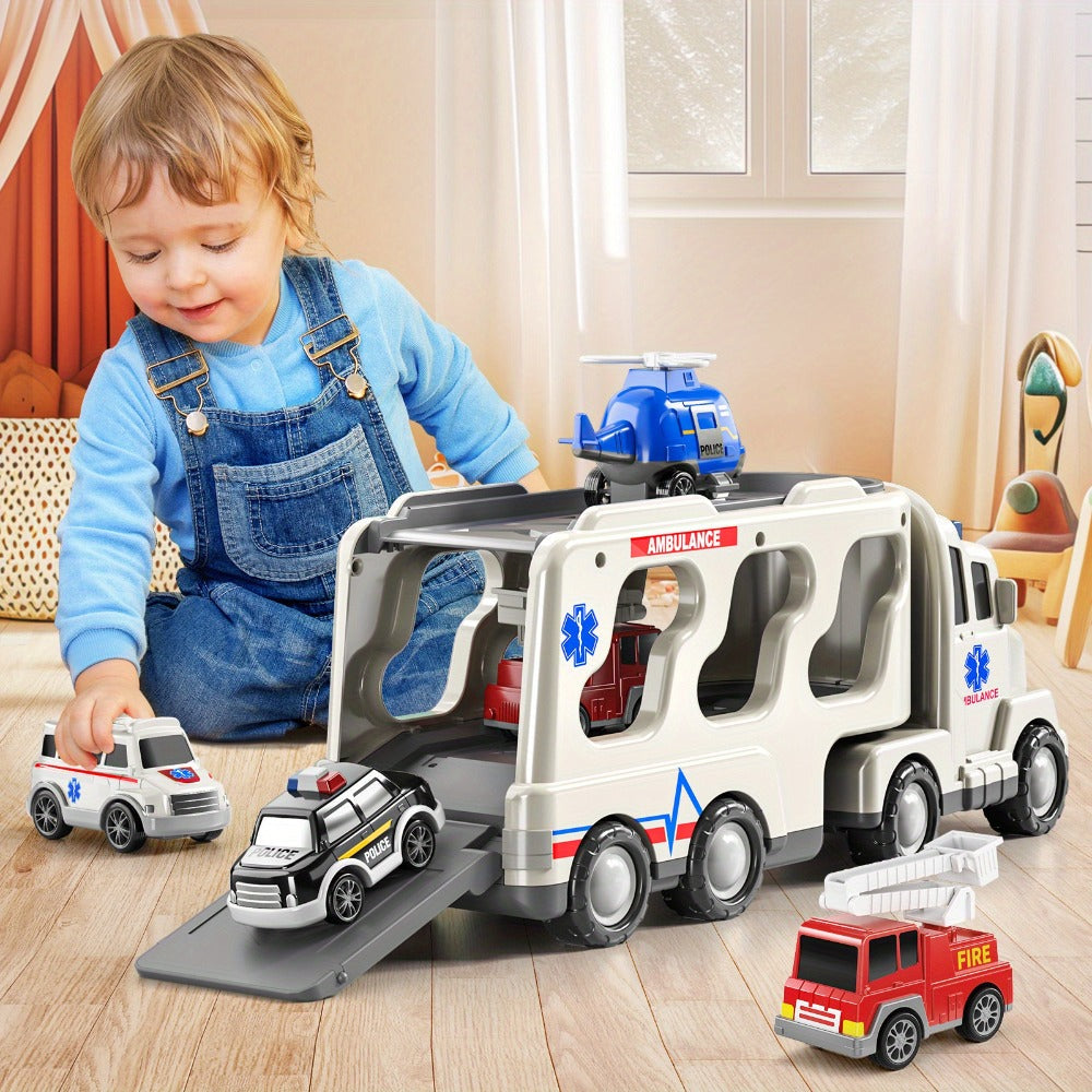 Ambulance Carrier Truck Toy Set, 5-in-1 Emergency Vehicle Playset with Lights & Sounds