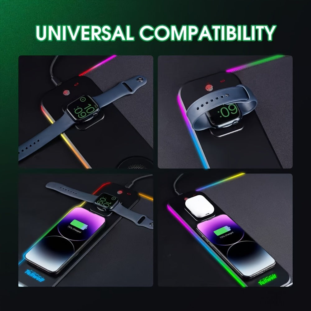 3-in-1 Wireless Charging Mouse Pad RGB – 15W Qi Charger for Phone, Watch & Mouse, 10 LED Modes, Magnetic Rechargeable Mouse Included, 800×300mm Extended Gaming Desk Mat