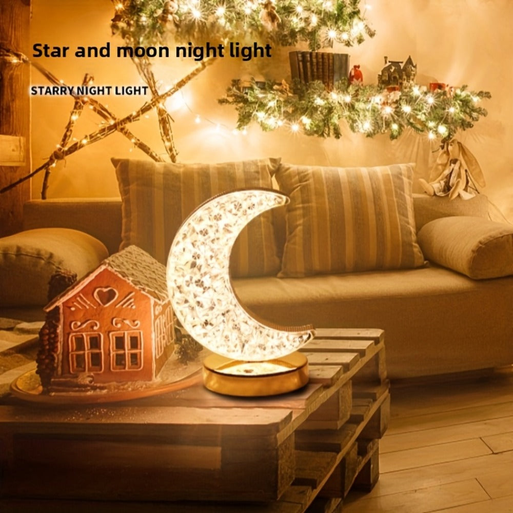 Crystal Touch Table Lamp Rechargeable – Moon & Star Dimmable LED Night Light with 3-Color Modes for Bedroom, Living Room & Christmas Decoration