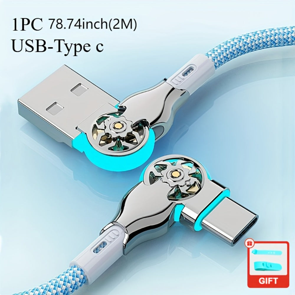 90 Degree USB-C Cable 65W Fast Charging with LED Light 6.56ft – Left Right Angle Double Elbow Type-C Data Cable for Samsung Galaxy S24 S23 Xiaomi Huawei Android Gaming Car Desk Setup