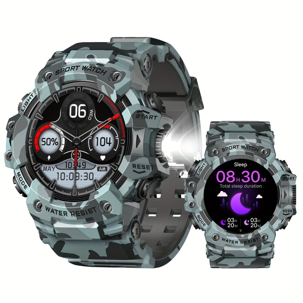 Tactical Smartwatch for Men, LED Flashlight & SOS Emergency, 1.32" TFT Screen, Bluetooth Calling, 100+ Sport Modes, Heart Rate SpO2 Sleep Tracker, Camouflage & Matte Colors – iPhone & Android Compatible