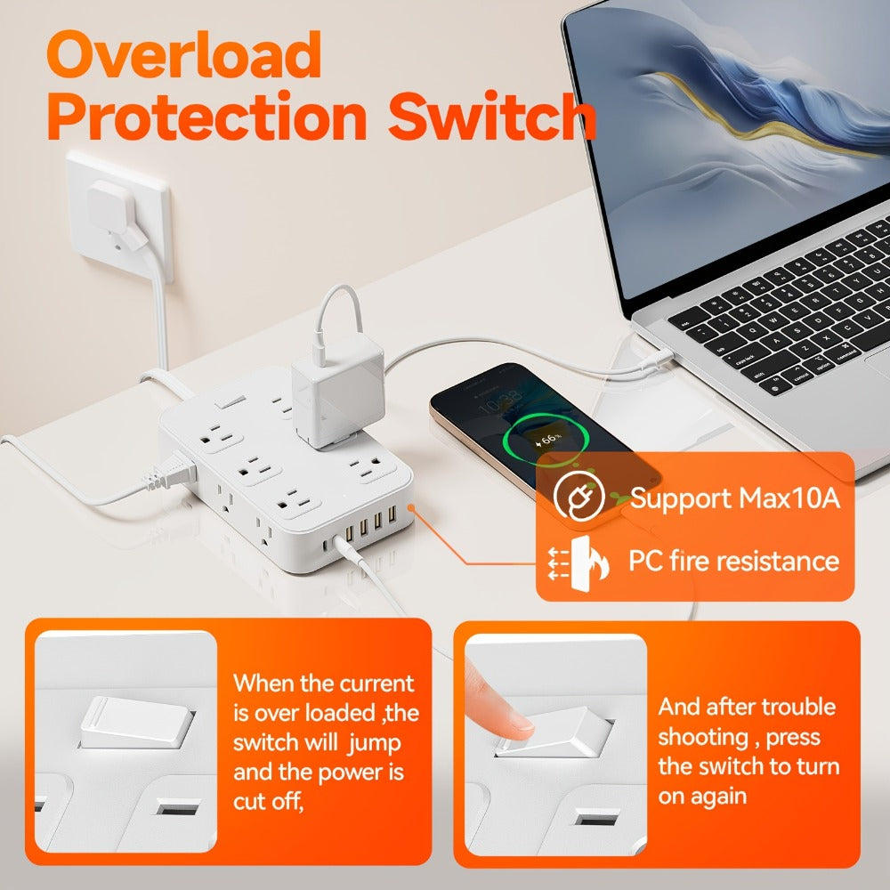 Wide Outlet Surge Protector Power Strip 18-in-1 with 12 Widely Spaced AC Outlets 4 USB-A 2 USB-C Ports Safe Portable Desktop Charging Station for Home Dorm Office Travel Essentials – Black & White