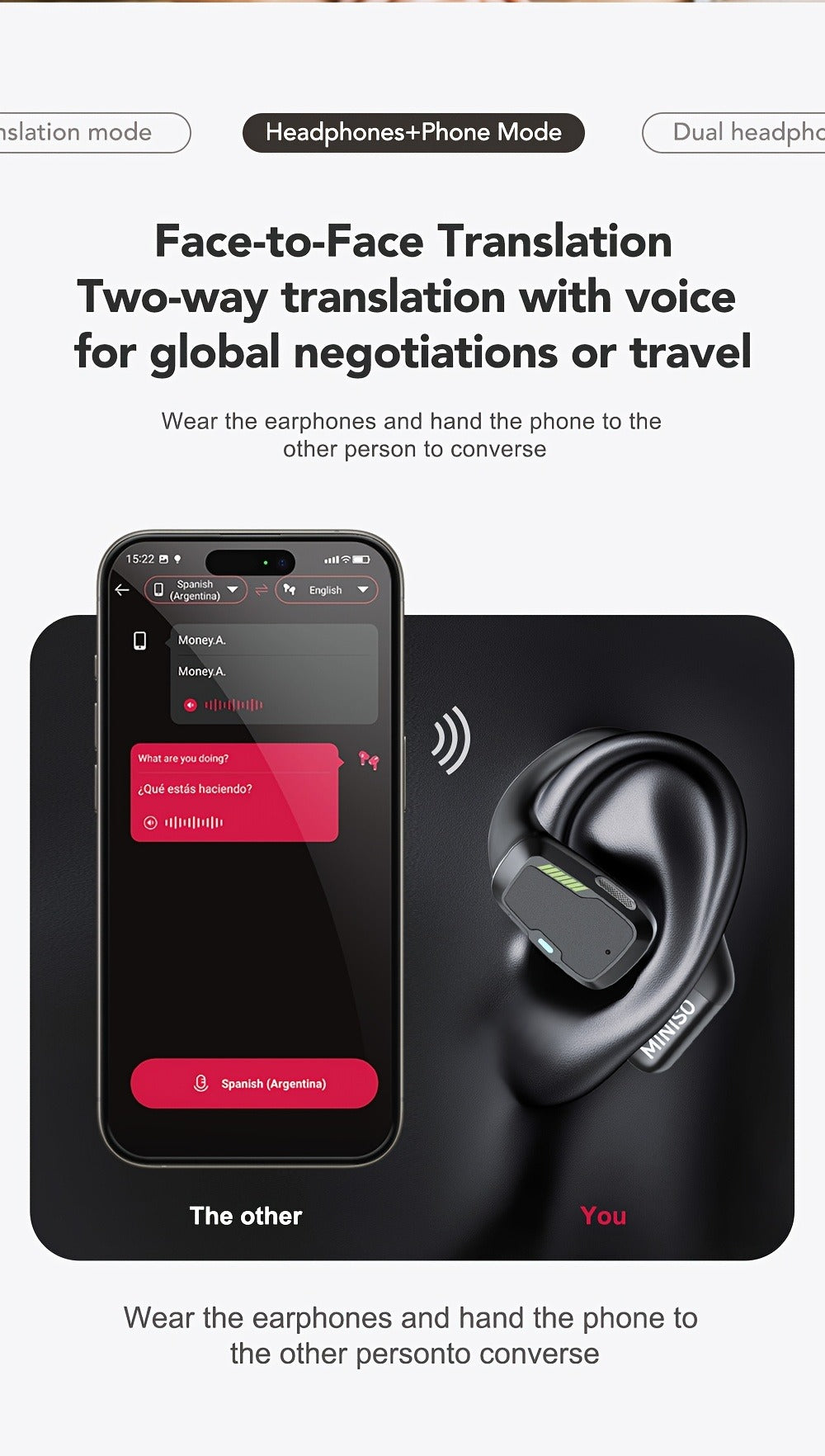 AI Translation Wireless Earbuds Real-Time 135 Languages Open-Ear Design Full-Color Touch Screen Gaming Headset Bluetooth for Travel Business Study iOS Android
