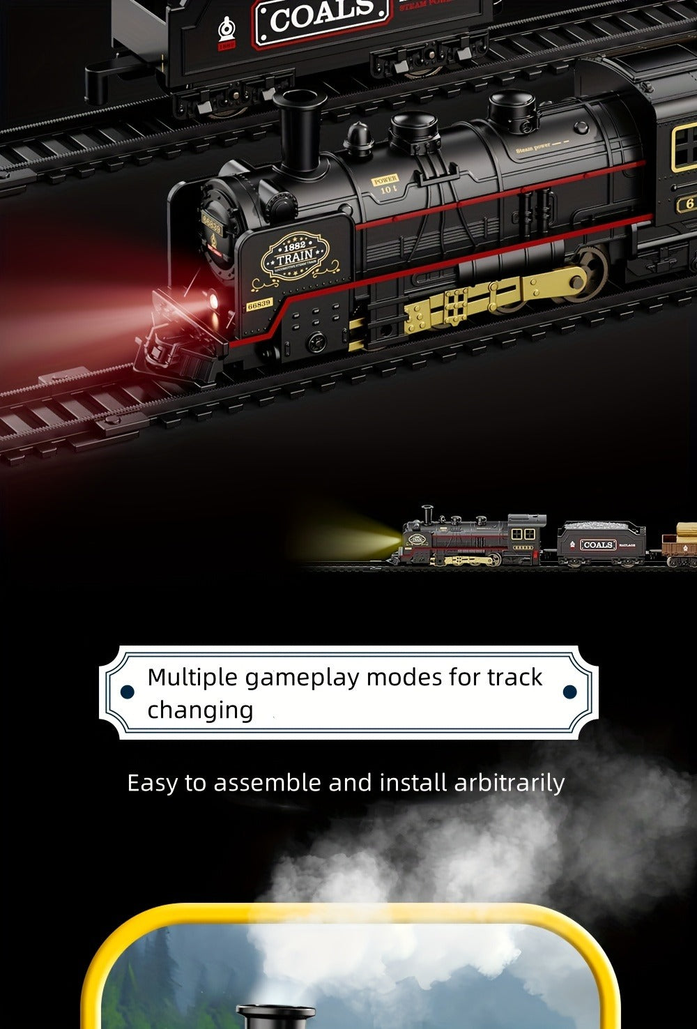 Battery Operated Steam Engine Train Toy Set with Tracks – Electric Locomotive Model for Kids Boys Girls Ages 3+, Classic Black Train, Birthday Christmas Halloween Gift
