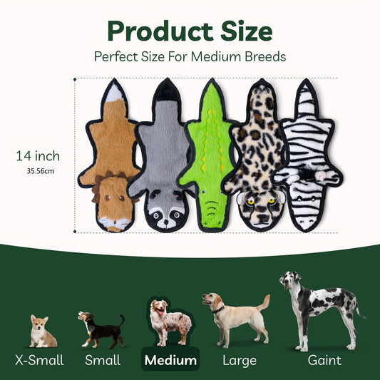 No-Stuffing Dog Toys, 5-Pack with Crinkle & Squeaky Sounds, Small or Medium