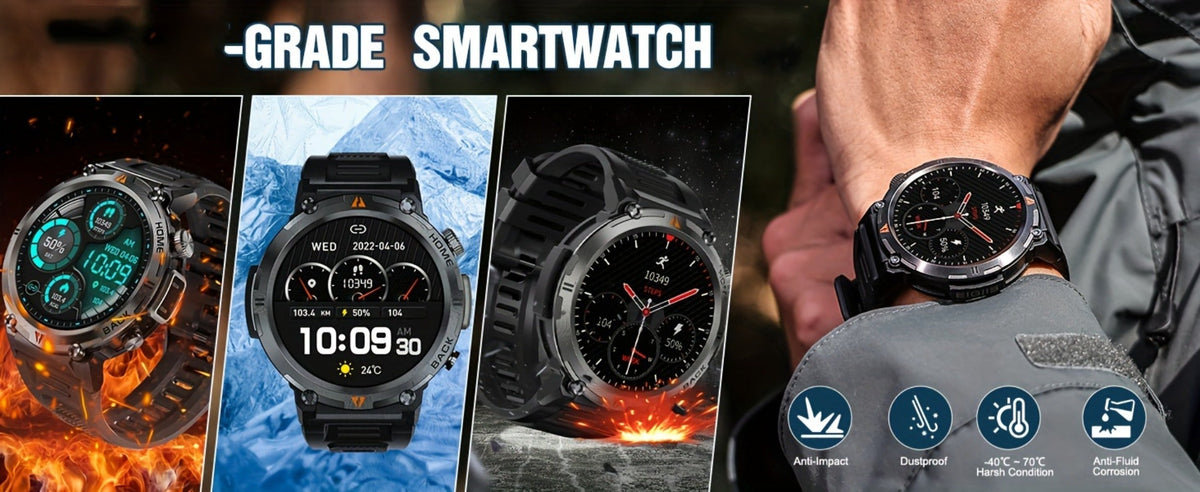 Tactical Smartwatch for Men LED Lighting 1.45 Inch 97% Screen Ratio Bluetooth 5.2 Wireless Calling Outdoor Fitness Tracker Heart Rate Blood Oxygen Sleep Pedometer iPhone Android Silicone Leather Strap Black Orange