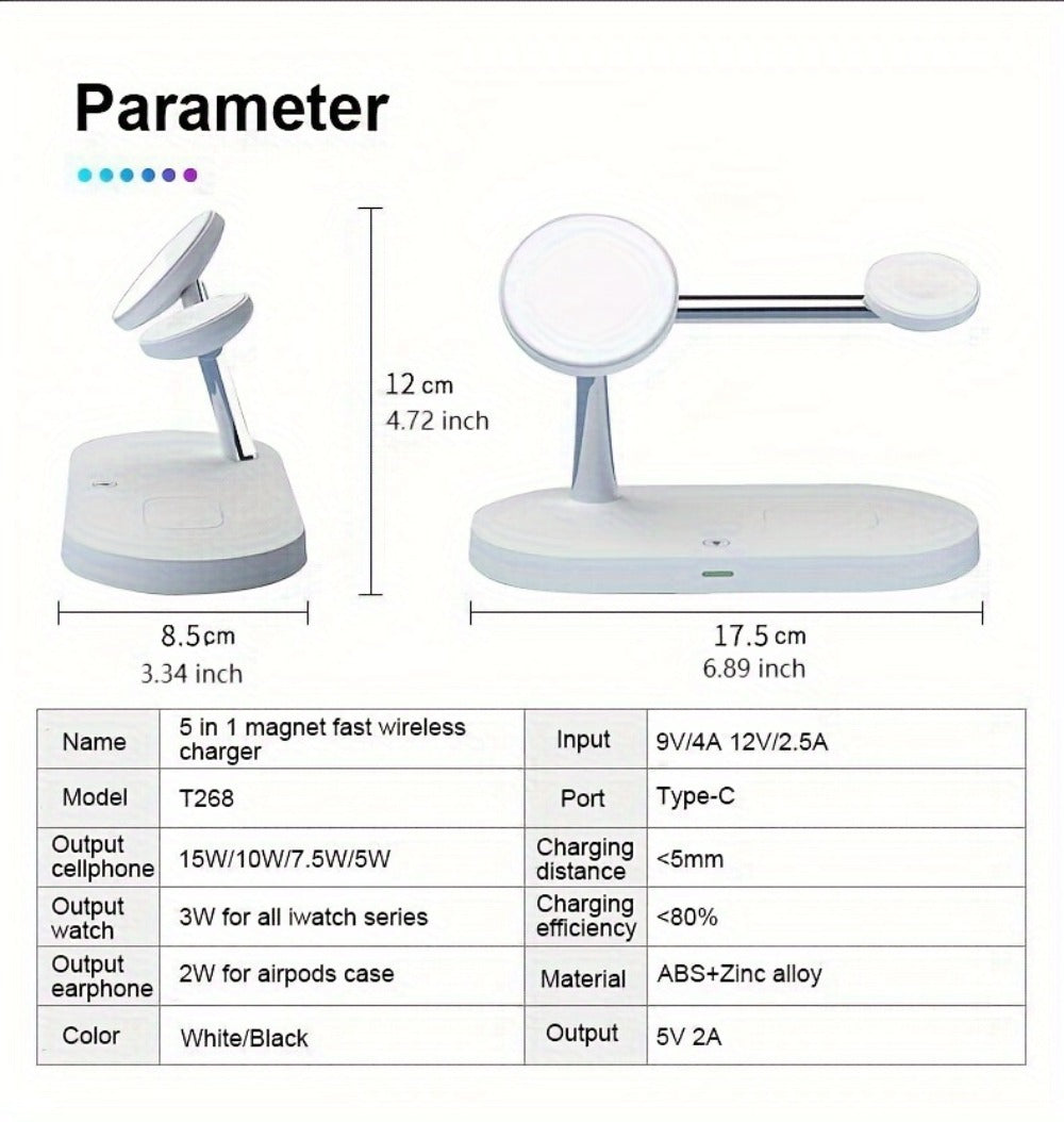 Wireless Charging Station 3-in-1 QC3.0 Adapter Included Magnetic Fast Charger Stand for iPhone 15 14 13 12 11 Pro Max Mini XR XS X SE 8, Apple Watch Series 1-9 Ultra, AirPods 4 3 2 Pro – White Black