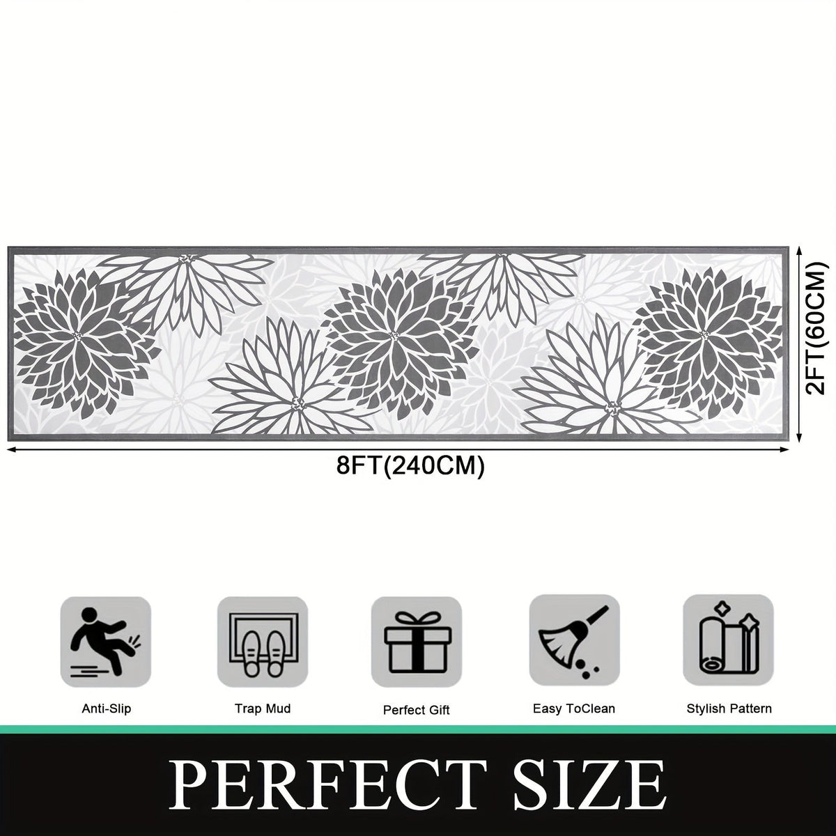 Floral Medallion Runner Rug Non-Slip Machine Washable – Low-Profile Hallway Carpet for Entryway, Laundry Room & Bathroom – Brown & Grey, 2x6, 2x8, 2x10 Ft