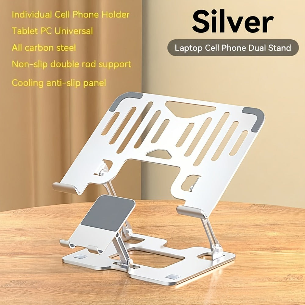 2-in-1 Laptop Stand with Phone Holder, Ergonomic Adjustable Computer Stand with Heat Dissipation, Foldable Desk Riser for 10-16 Inch Laptops, Home Office Use