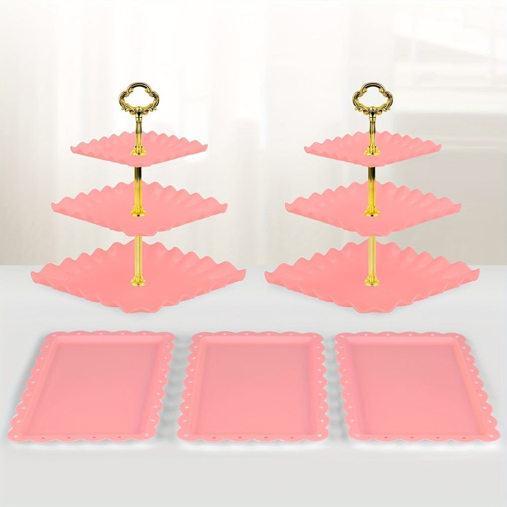 Cake Stand Set 5 Piece – 2 Square Three-Tier Cupcake Stands & 3 Appetizer Trays for Birthday, Baby Shower, Bridal Shower, Christmas, Halloween Party Dessert Display