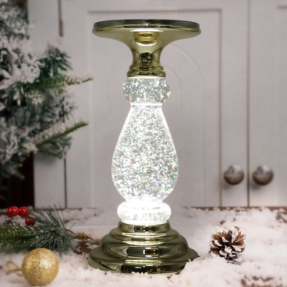 LED Swirling Candle Holder with On/Off Switch – Polished Acrylic Pedestal Base Fits 3-Wick Candles Up to 4 Inch Silver Gold Centerpiece for Home Decor Wedding Table Holiday Christmas Gift