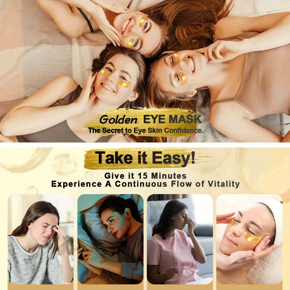 Under Eye Patches 24K Gold 60pcs Collagen Hyaluronic Acid Glycerin — Moisturizing Plumping Anti-Dark Circle Puffiness Fine Lines Unisex Hypoallergenic All Skin Types Travel Gift