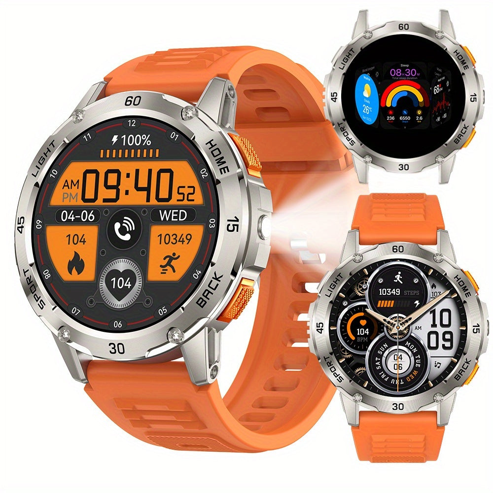 Flashlight Compass Outdoor Smartwatch for Men Waterproof 100+ Sport Modes Sleep Monitor Pedometer Calorie Tracker Rugged Hiking Camping Fitness Watch Compatible with iPhone – Black Pink Beige Orange
