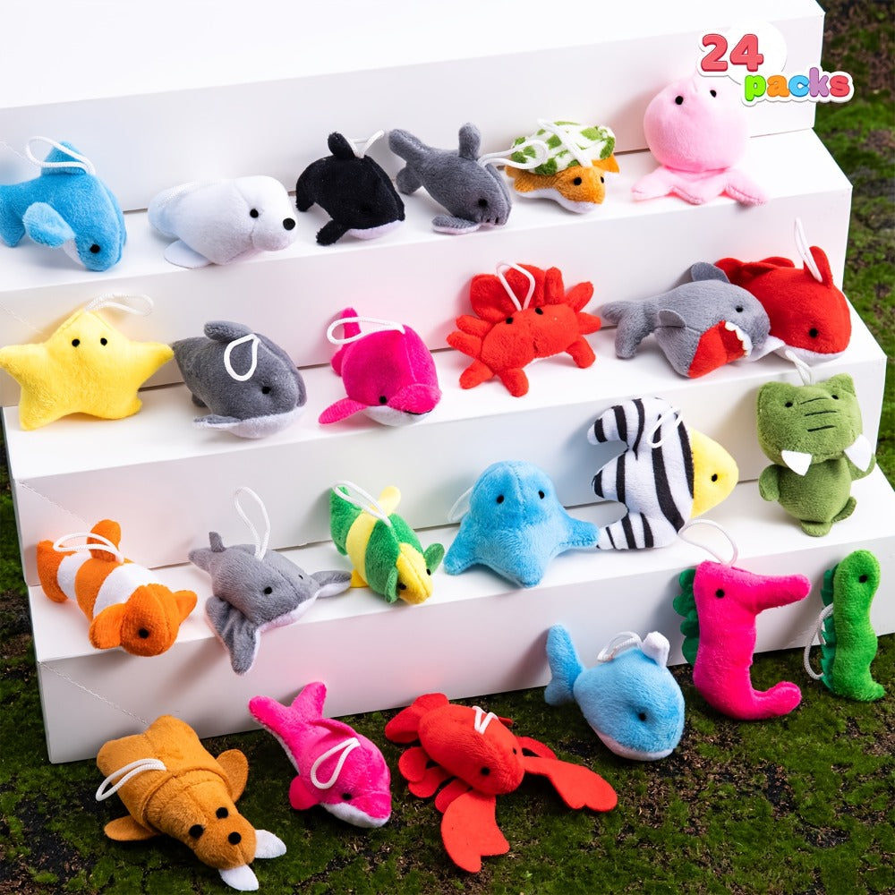 Mini Sea Animal Plush Keychains Bulk 24-Pack, Party Favor Toy Set