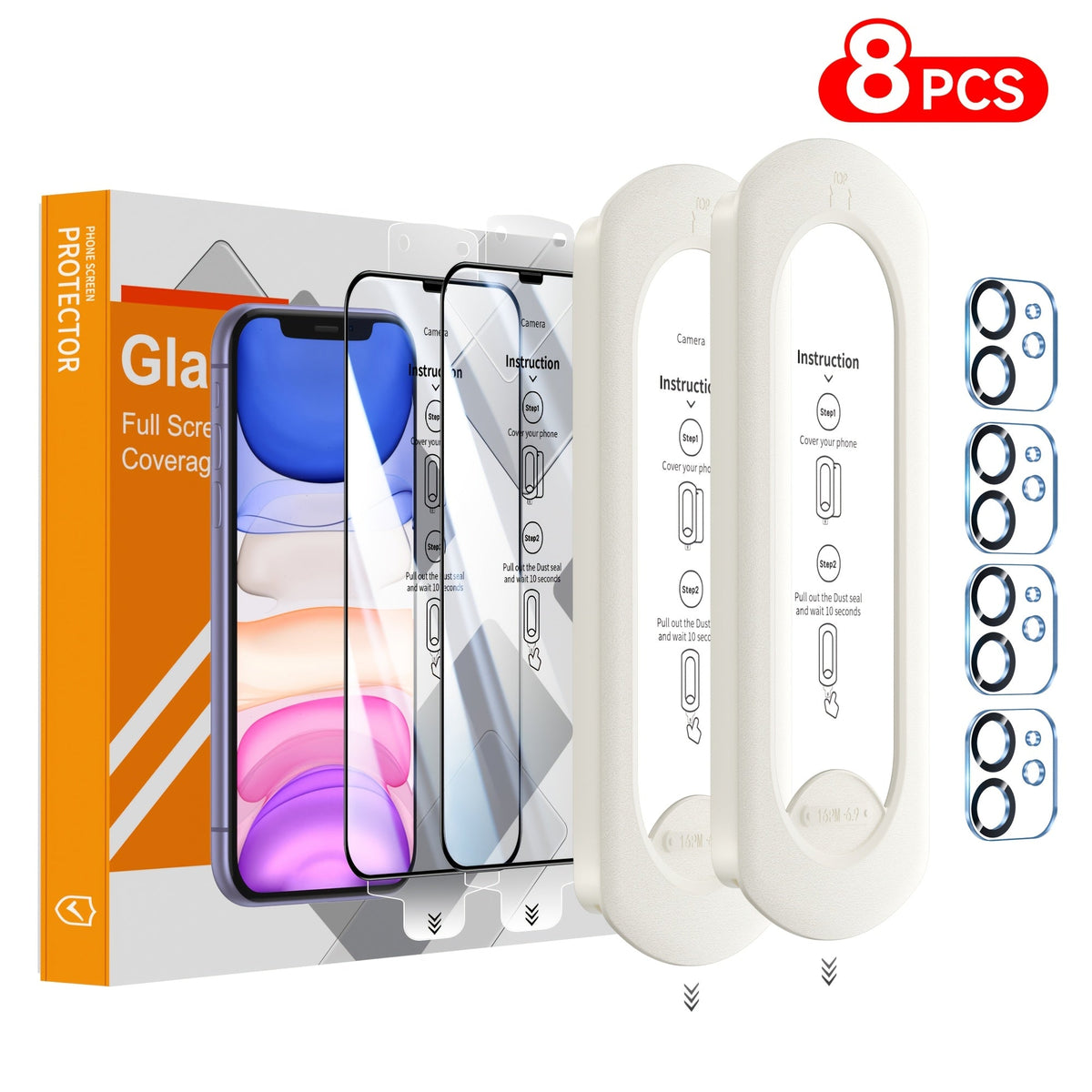 9H Tempered Glass Screen Protector for iPhone 8-Pack with Alignment Tool – 4 Screen + 4 Camera Lens, HD Clear, Bubble-Free, Case Compatible, iPhone 16 Pro Max / 15 / 14 / 13 / 12 / 11 Series