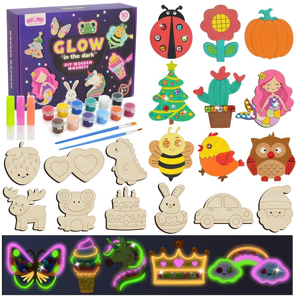 DIY Wooden Magnet Craft Kit, 30 Pieces, Glow-in-the-Dark Paint