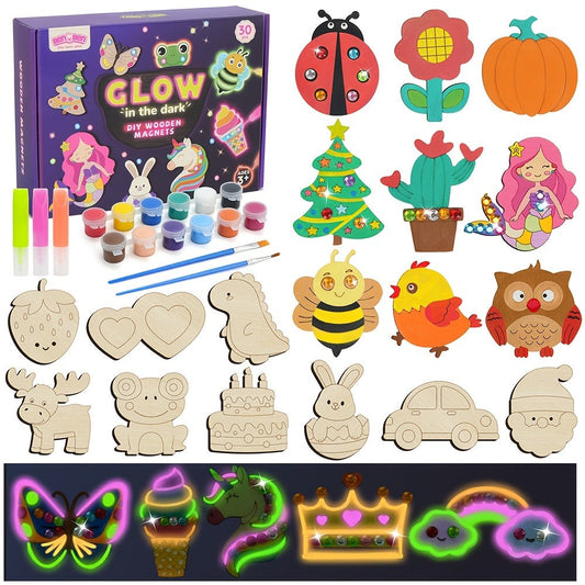 DIY Wooden Magnet Craft Kit, 30 Pieces, Glow-in-the-Dark Paint