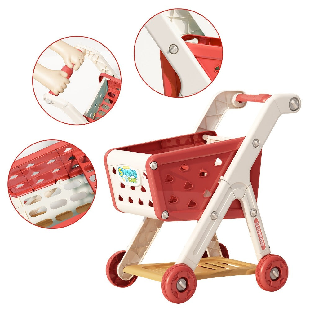 Pretend Play Shopping Cart Set with Toy Food for Grocery Store Role Play