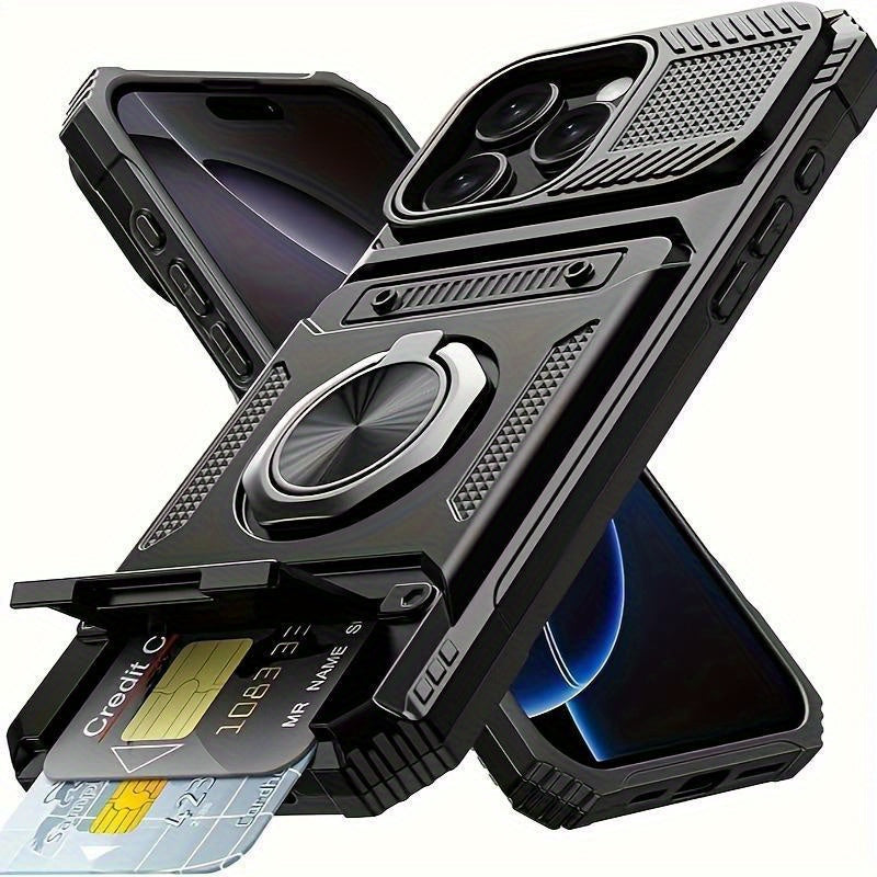 iPhone Card Slot Shockproof Case with Ring Holder & Kickstand – Wallet Phone Cover for iPhone 17 17 Air 17 Pro Max 16 15 14 13 12 11 Pro Max Plus Mini | Heavy Duty Drop Protection