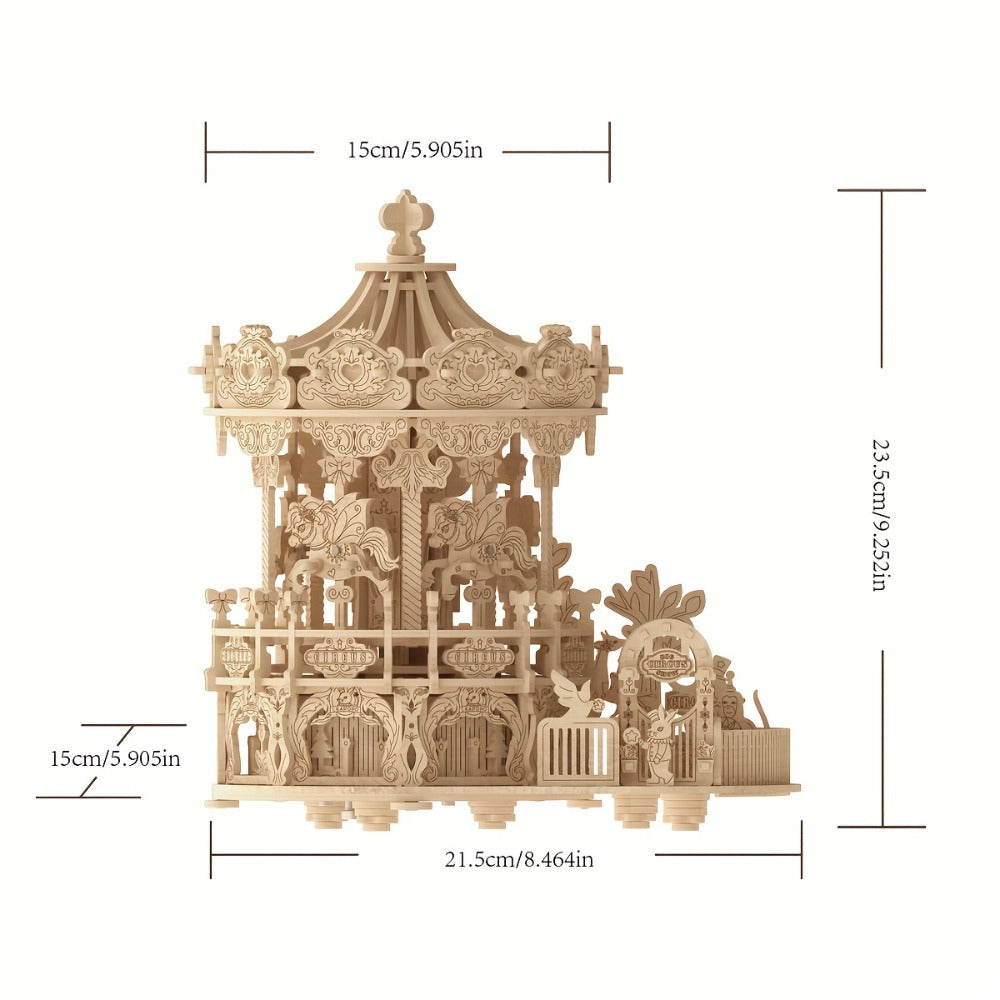 Rotating Merry-Go-Round Wooden Puzzle Kit – Mechanical Carousel 3D Model for Adults & Teens, DIY Kinetic Display Piece, Unique Christmas Birthday Gift (Treehouse, Cello, Airship, Pumpkin Styles)