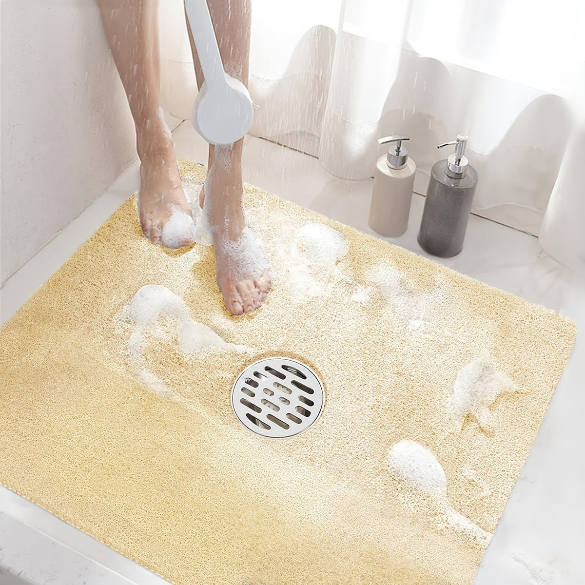 Non-Slip Shower Mat PVC Loofah Bath Mat with Drain Holes – Quick-Dry Square Bathtub Floor Mat, No Suction Cups Needed, Soft Cushioned, 24x24 Inch, Grey/White/Beige