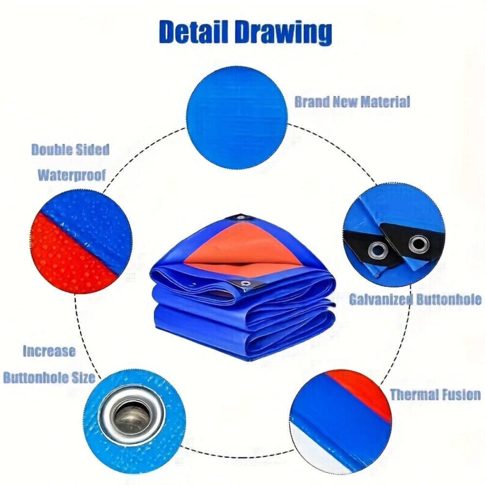 Heavy Duty Tarp Waterproof UV Resistant Tarpaulin – Thickened PE Double-Sided Blue Orange Rainproof Sun Shade Cover with Grommets & Rope for Outdoor Camping Garden Vehicle Boat Protection