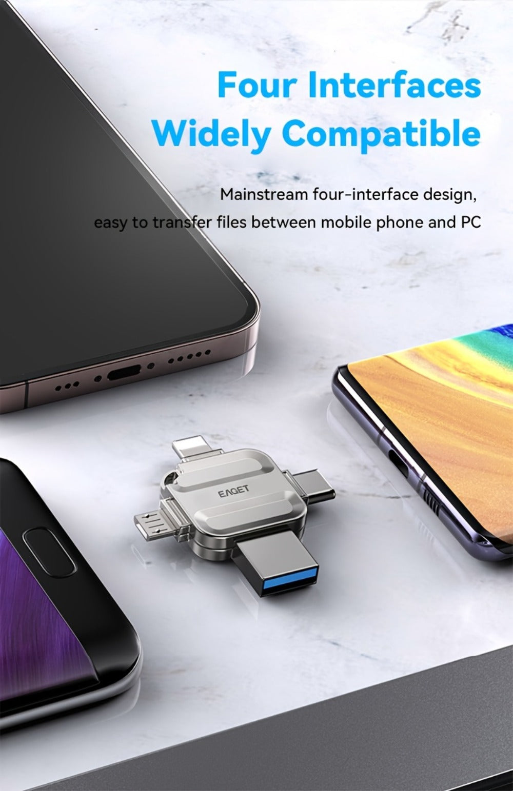iPhone Flash Drive 4-in-1 USB Stick EAGET I50 Lightning USB-C Micro USB USB 3.0 Photo Stick for iPhone iPad Android PC Mac – 32GB 64GB 128GB 256GB Storage Expansion Memory Stick
