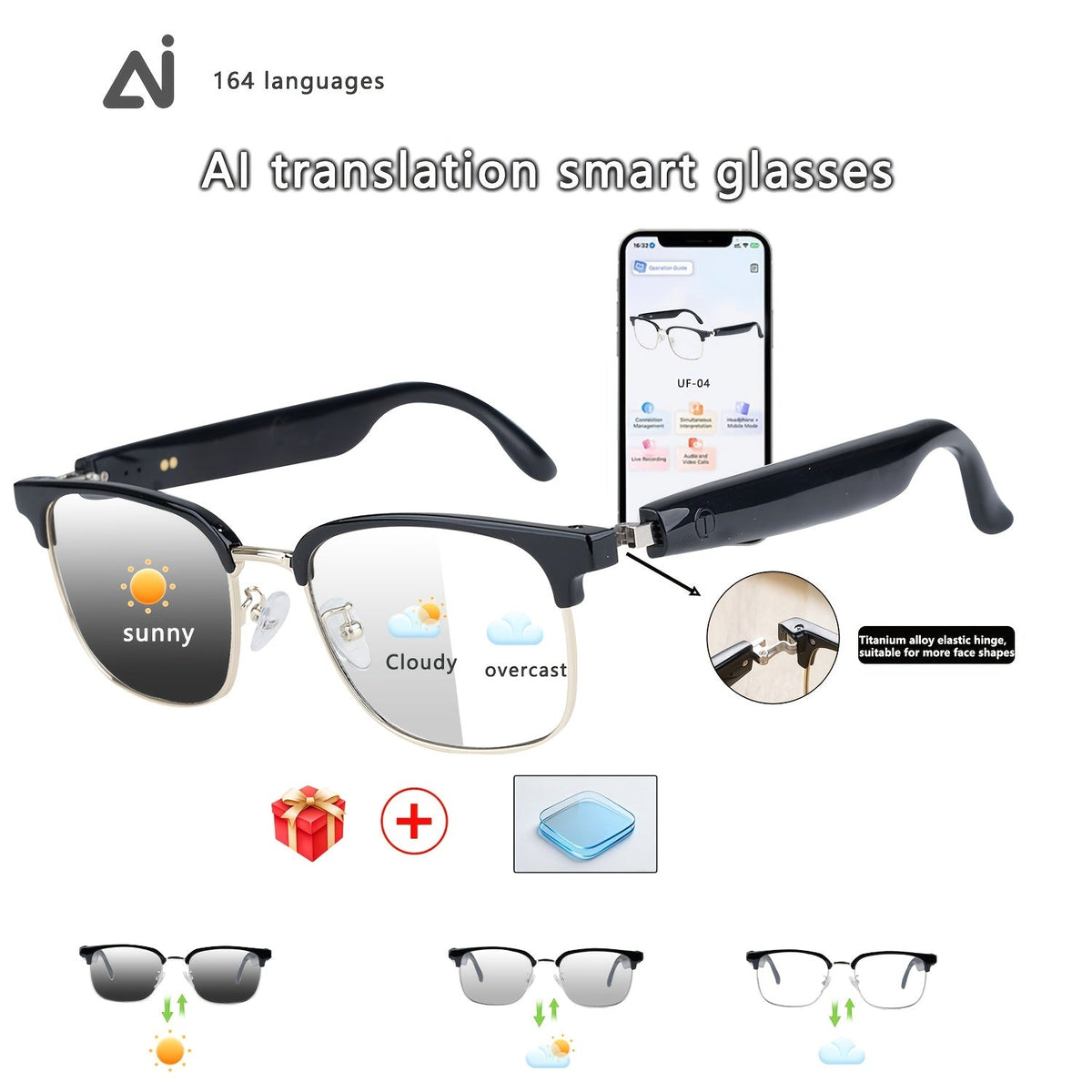 ChatGPT AI Translation Glasses with 160-Language Real-Time Translation, Photochromic Lenses, HiFi Audio & HD Calls – 19 Frame Styles, Unisex Smart Eyewear for Travel & Business