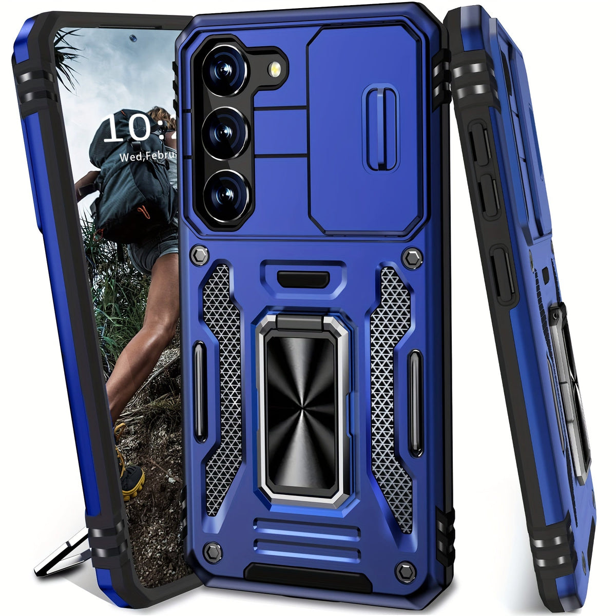 Samsung Galaxy Shockproof Magnetic Phone Case with 360° Rotating Ring Bracket & Sliding Lens Protector – Heavy Duty Cover for S24FE S23FE S22 S21FE Ultra A55 A54 A35 A34 A25 A24 A16 A15 A14 A06 A05 A05S 5G