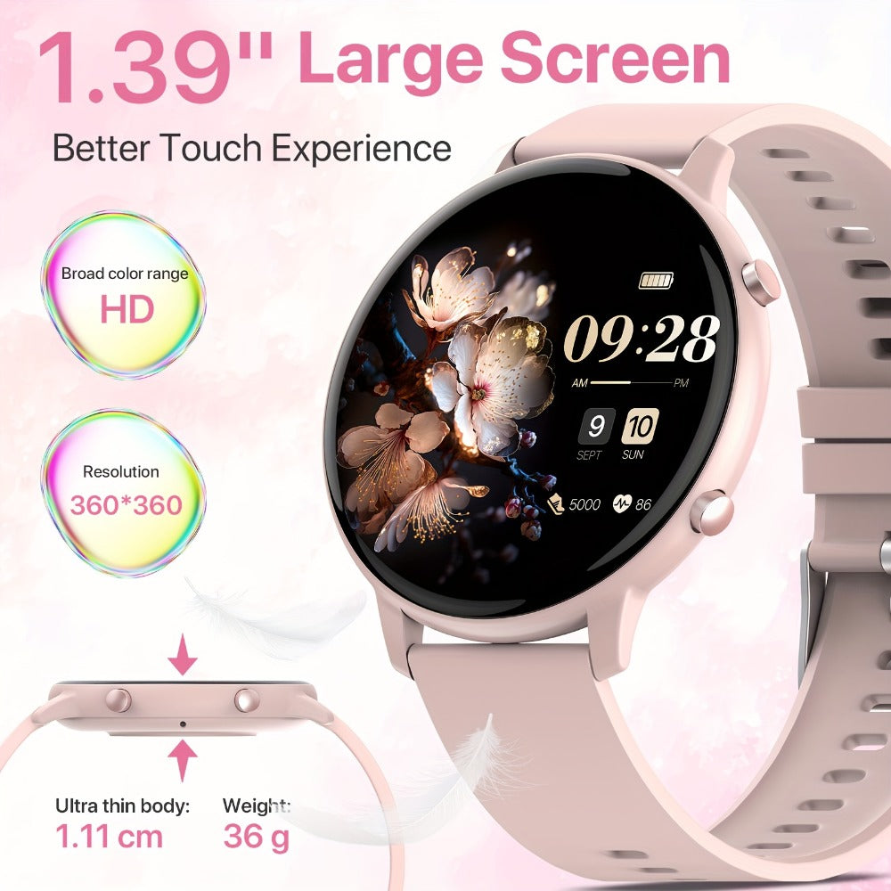 Voice Assistant Smartwatch for Women 1.39" Full Touch – Siri & Google, Wireless Calling, 100+ Sport Modes, Fitness Tracker, Weather, Flashlight, Find Phone, Remote Camera – Pink iPhone & Android