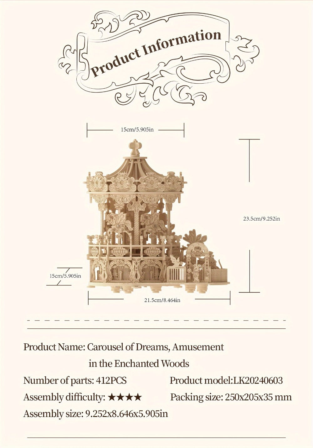 Rotating Merry-Go-Round Wooden Puzzle Kit – Mechanical Carousel 3D Model for Adults & Teens, DIY Kinetic Display Piece, Unique Christmas Birthday Gift (Treehouse, Cello, Airship, Pumpkin Styles)