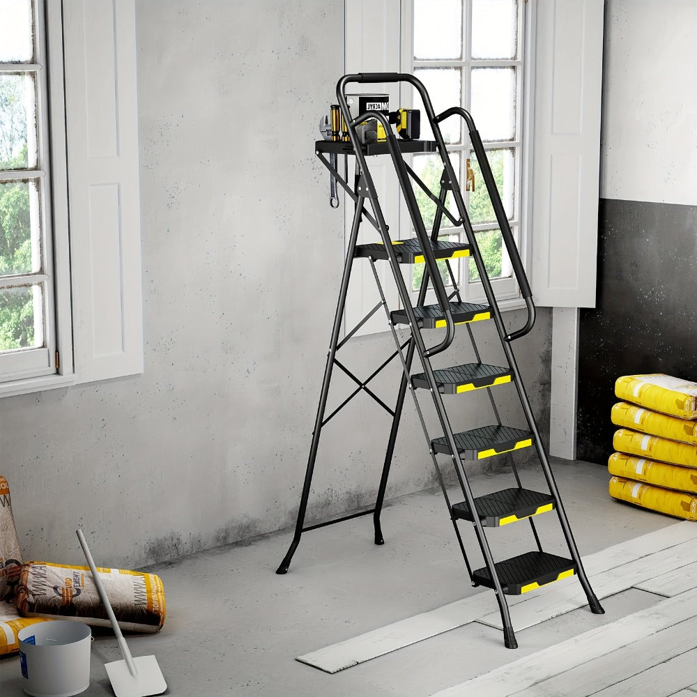 6 Step Ladder with Handrails & Tool Platform 800 LBS – Folding Step Stool Wide Pedal Steel Safety Ladder for Adults, Painting, Home, Garage & Outdoor Use – Auto Safety Lock, Compact Storage