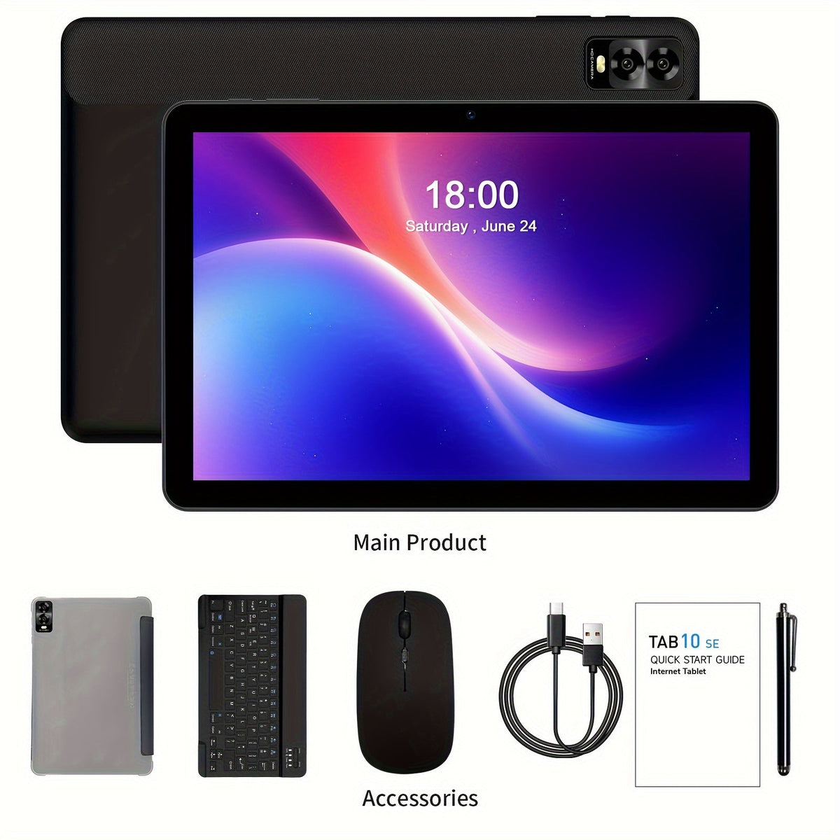 PRITOM Octa-Core Android 14 Tablet 10.1 Inch 8GB RAM 32GB ROM 2-in-1 with Keyboard Mouse Stylus & Protective Case, 1TB Expandable, Dual Camera, No WiFi Offline Tablet PC for Work Study Entertainment