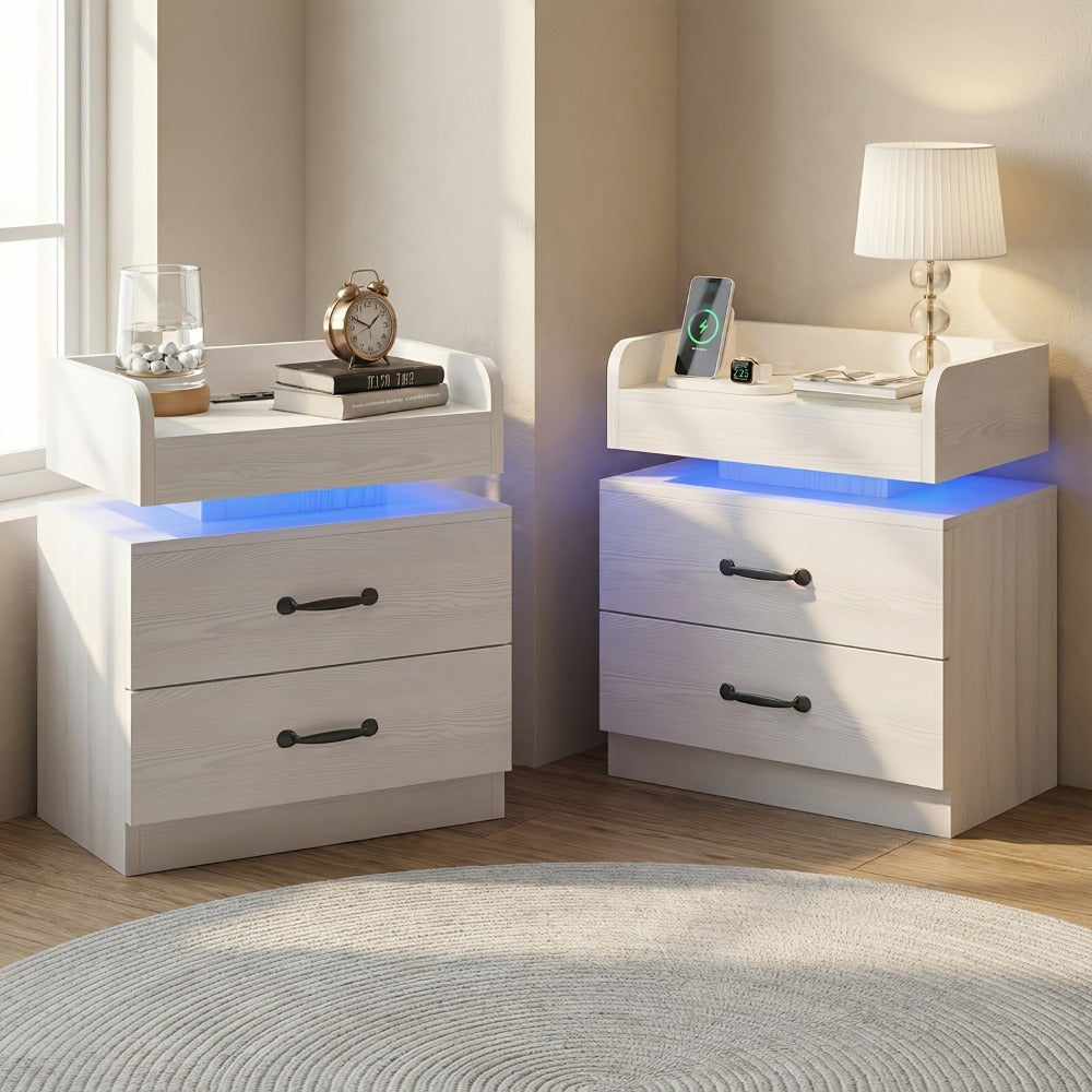 Bedside Table with Charging Station & LED Lights – Modern Wooden Nightstand with Drawer & Open Shelf | Black or White | 1pc or 2pcs Set | Bedroom Living Room End Table | Housewarming Gift