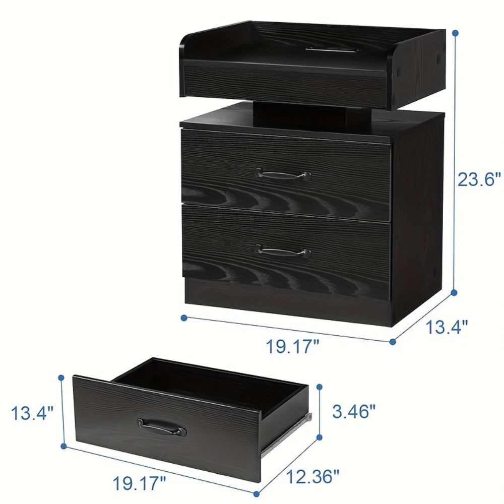 Wooden Nightstand with LED Ambient Light & Charging Station – Fabric Drawer, Blue Glow, Modern Bedside Table for Bedroom Living Room End Table, Black or White (Single or 2-Pack)