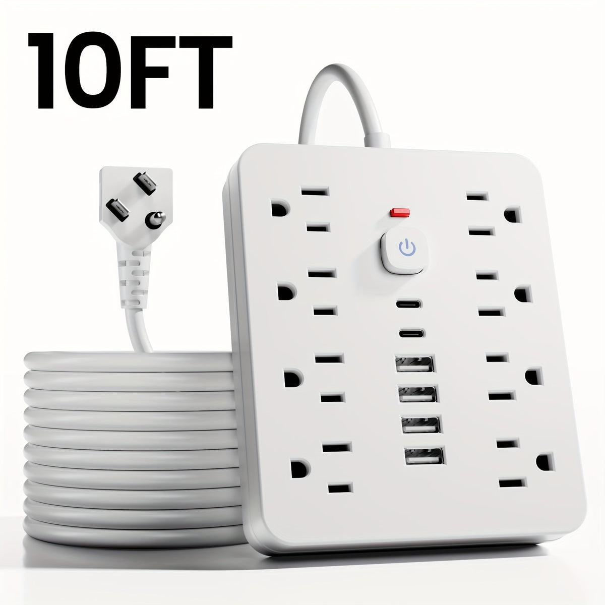 14-in-1 Wall-Mountable Power Strip with Surge Protector – 8 AC Outlets & 6 USB Ports (2 USB-C), Flat Plug Space-Saving Extension Cord, Overload Protection for Home School Office, 5ft or 10ft