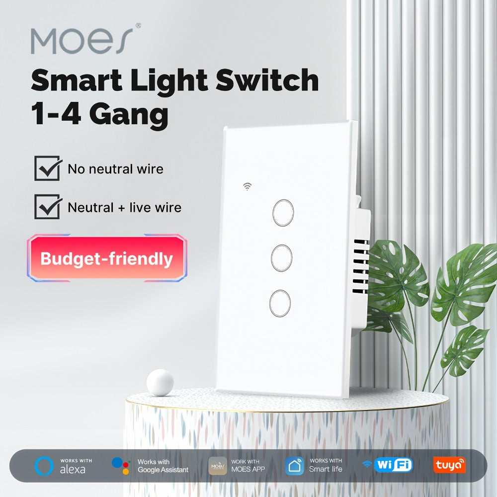 Smart WiFi Touch Wall Switch No Neutral Wire Required – MOES 1/2/3 Gang Light Switch, Works with Alexa & Google Home, App & Voice Control, Timer, 2.4GHz, No Hub, Single Pole, 110V White