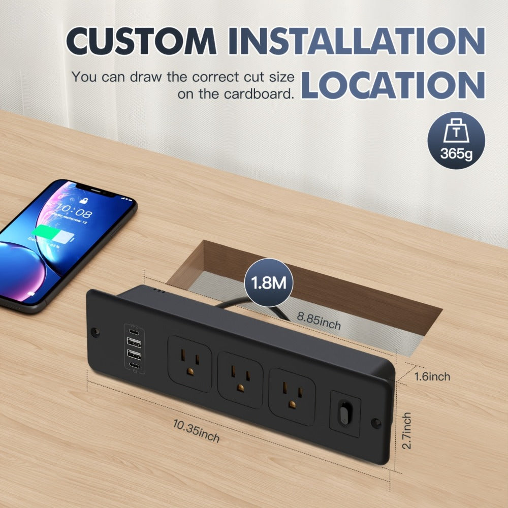 Recessed Power Strip In-Desk Embedded Socket 7-in-1, 3 AC Outlets & 4 USB Ports, Slim Space-Saving Design, 6ft Extension Cord, Countertop Power Station for Home Office Hotel Conference Room – BOCHLION BKL-U58