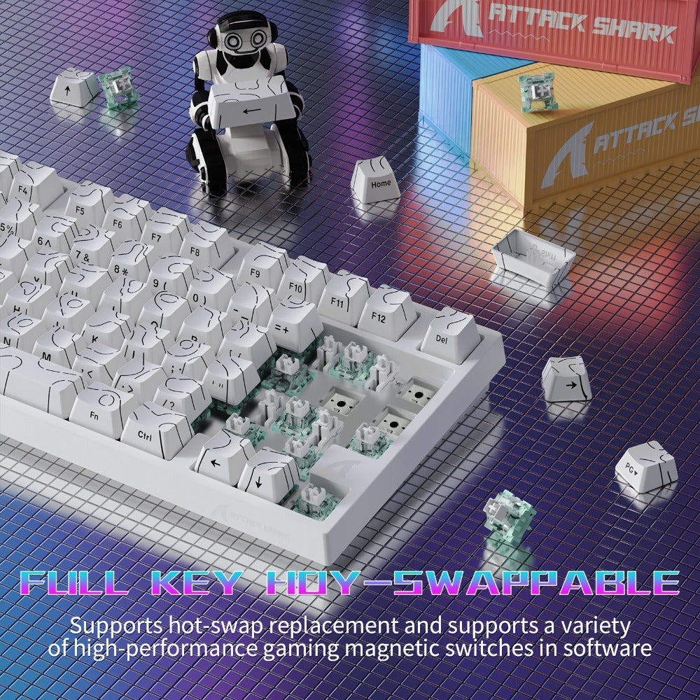 Hall Effect Mechanical Gaming Keyboard Attack Shark R82HE 80% – 0.005mm Rapid Trigger, 8000Hz Polling Rate, Hot Swap, PBT Keycaps, 5-Layer Sound Isolation, RGB, DKS, Snap Tap for PC & Mac | White & Pink