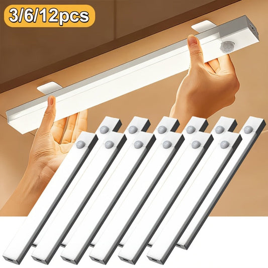 Rechargeable Motion Sensor LED Night Light 6 Pack - 400mAh USB, 3 Brightness Levels, Wireless Stick-On Bar for Cabinet, Stair, Bedroom, Kitchen & Hallway (3.94" / 7.87" / 11.8", 3 or 6 Pack)