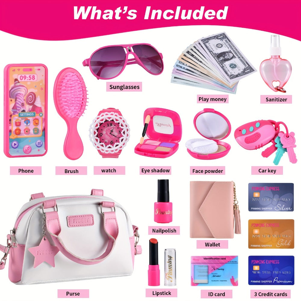 Pretend Play Purse Set with Toy Phone, Pretend Makeup, Keys & Crossbody Bag, Pink