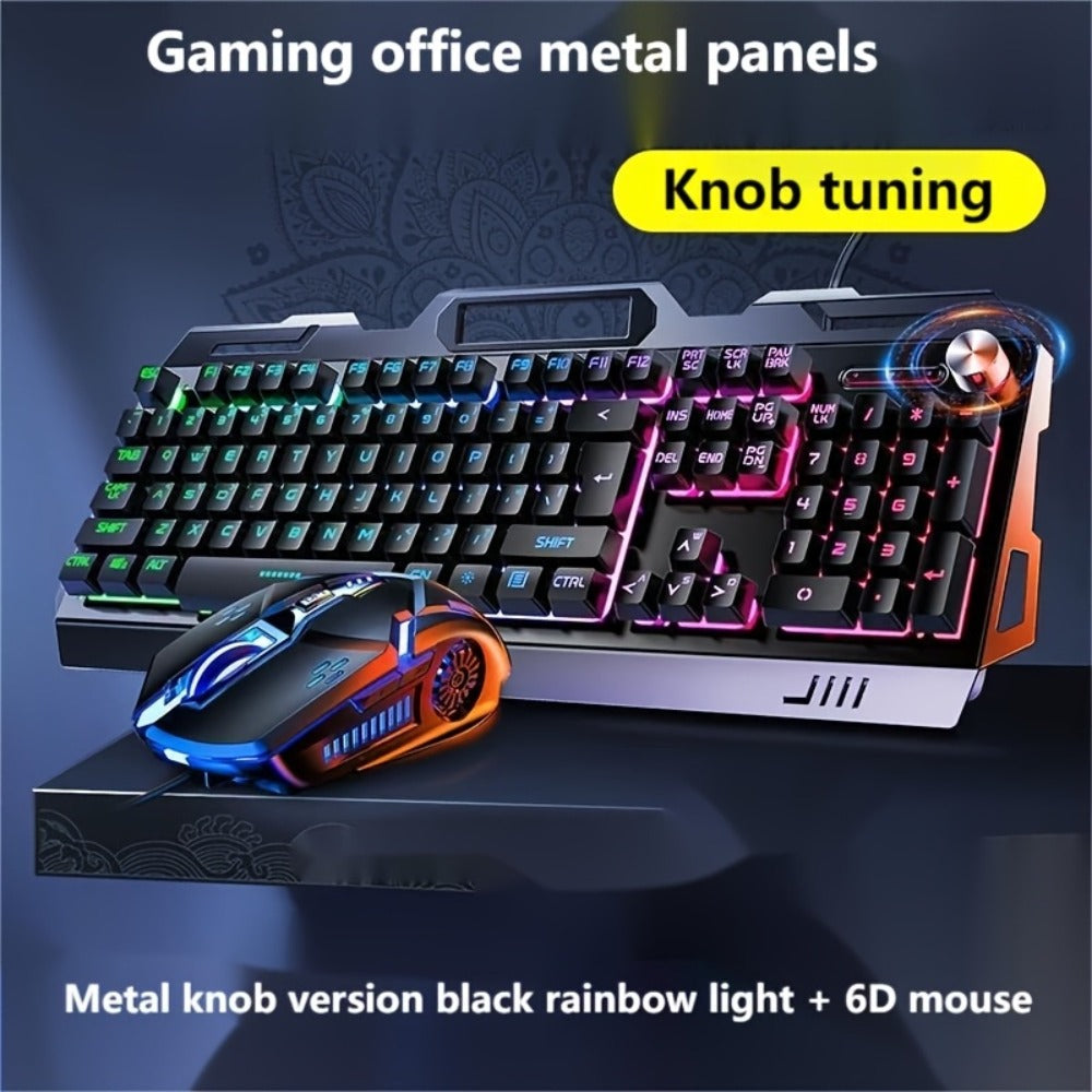 Gaming Keyboard Wired 104 Keys Full Metal Panel – LED Color Backlight, Multimedia Knob, Faux Mechanical Feel, USB, Ergonomic Design with Phone Holder | Keyboard or Keyboard & Mouse Combo