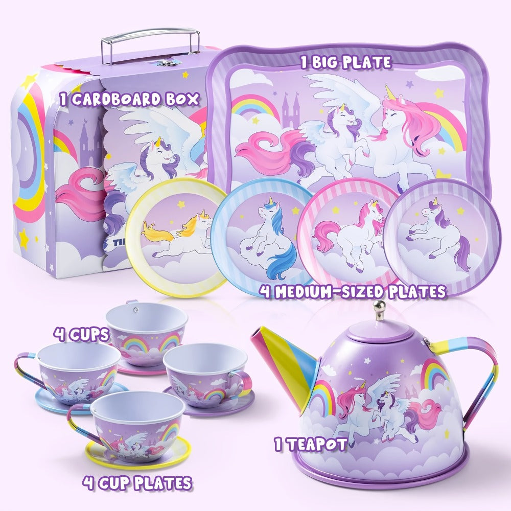 Purple Unicorn Pretend Play Tea Set with Teapot, Cups and Storage Case