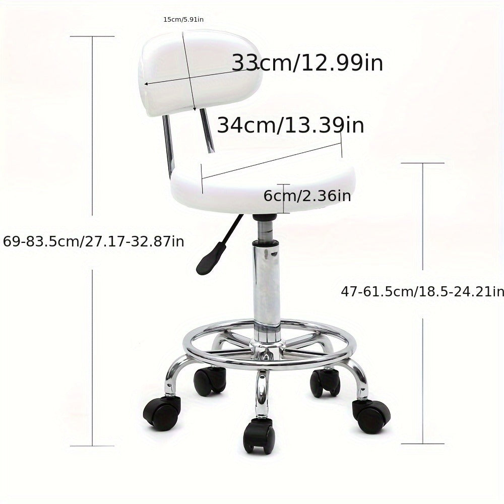PU Leather Salon Stool with Back & 360° Swivel – Adjustable Height 18.9"-22.8" Round Cushion Chrome Base White Salon Chair for Nail Tech, Esthetician & Beauty Studio