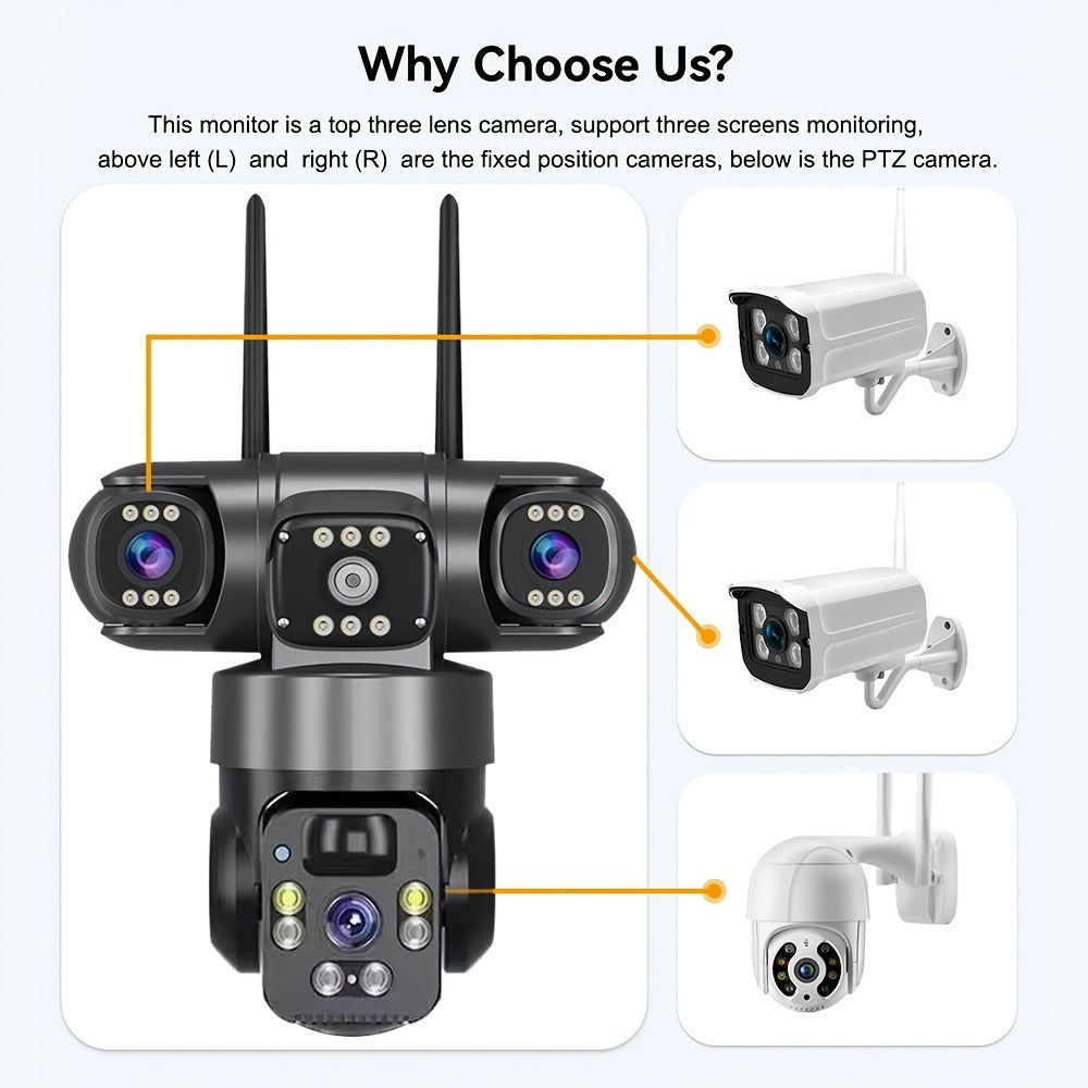 4K Solar Powered Outdoor Security Camera PTZ 360° Triple Lens Panoramic 10X Zoom 8000mAh Battery WiFi AI Human Detection Color Night Vision Two-Way Audio Driveway Farm
