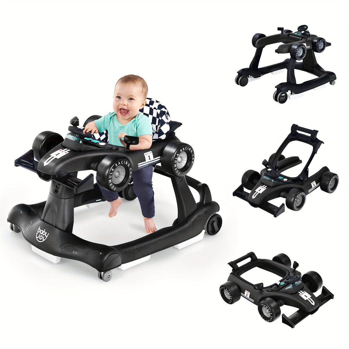 4-in-1 Foldable Baby Walker with Activity Toy Tray & Adjustable Height – Sit-to-Stand Push Walker for Infants & Toddlers, Removable Washable Seat Pad, Safe Learning Walker Baby Gift (Blue)
