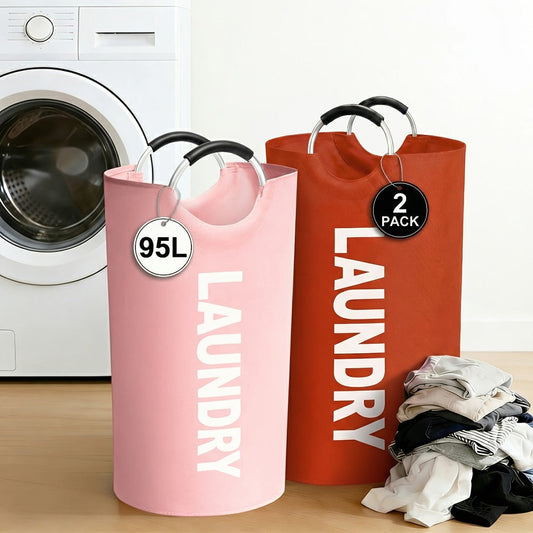 Foldable Laundry Basket Set of 2 with Elevated Base and Half-Ring Handles