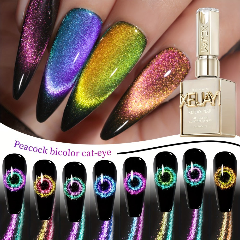 Magnetic Cat Eye Gel Nail Polish Set 8 Colors – Holographic Reflective Peacock Double-Light Effect, LED/UV Soak-Off Gel 0.51oz with Magnet Tool, Salon & Home Nail Art Gift Set for Women