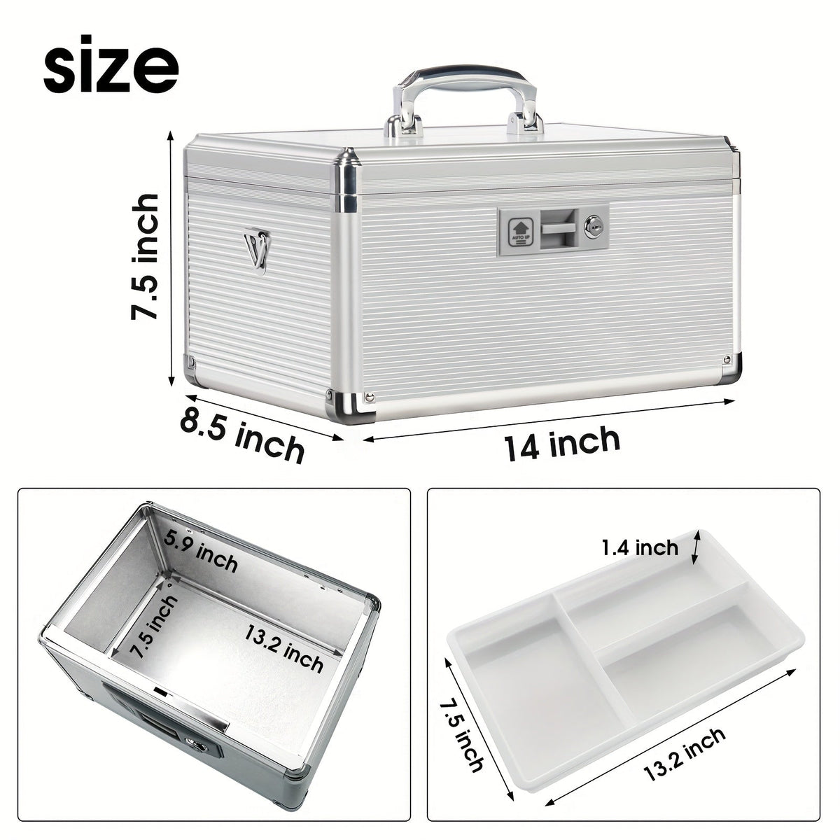 Aluminum Alloy Lockable Medicine Box – Double Layer Large Capacity Storage Box with Key Lock, Handle & Tray for Medicines, Documents & Valuables, 10"/12"/14"/16" Home Security Box