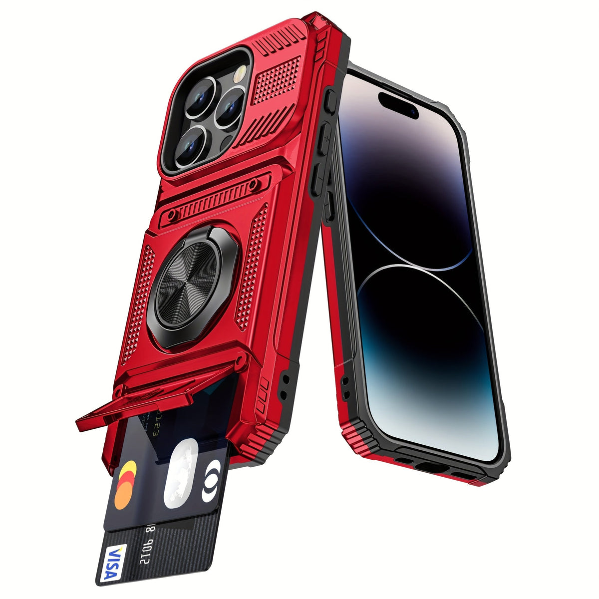 360° Metal Stand iPhone Case with Dual Card Slot Heavy Duty Shockproof Hard Shell Cover for iPhone 16 15 14 13 11 Pro Max Plus 8 7 Series – Rotating Kickstand Wallet Phone Case